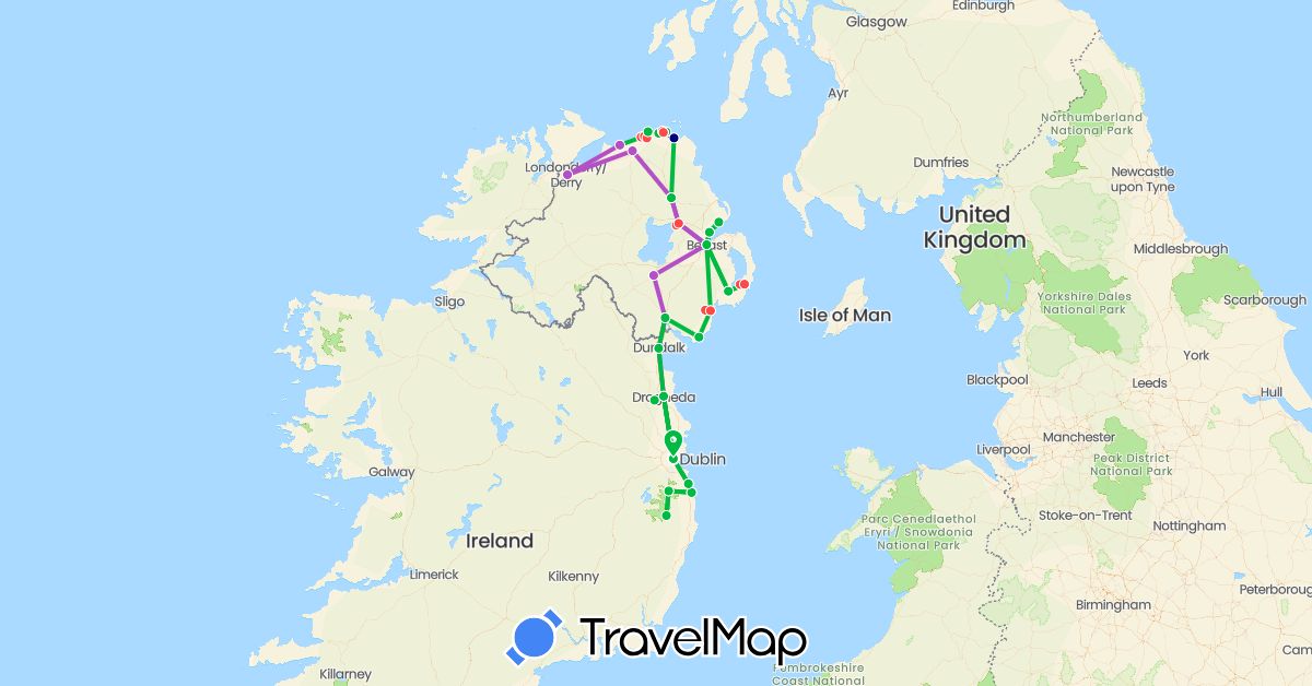 TravelMap itinerary: driving, bus, train, hiking in United Kingdom, Ireland (Europe)