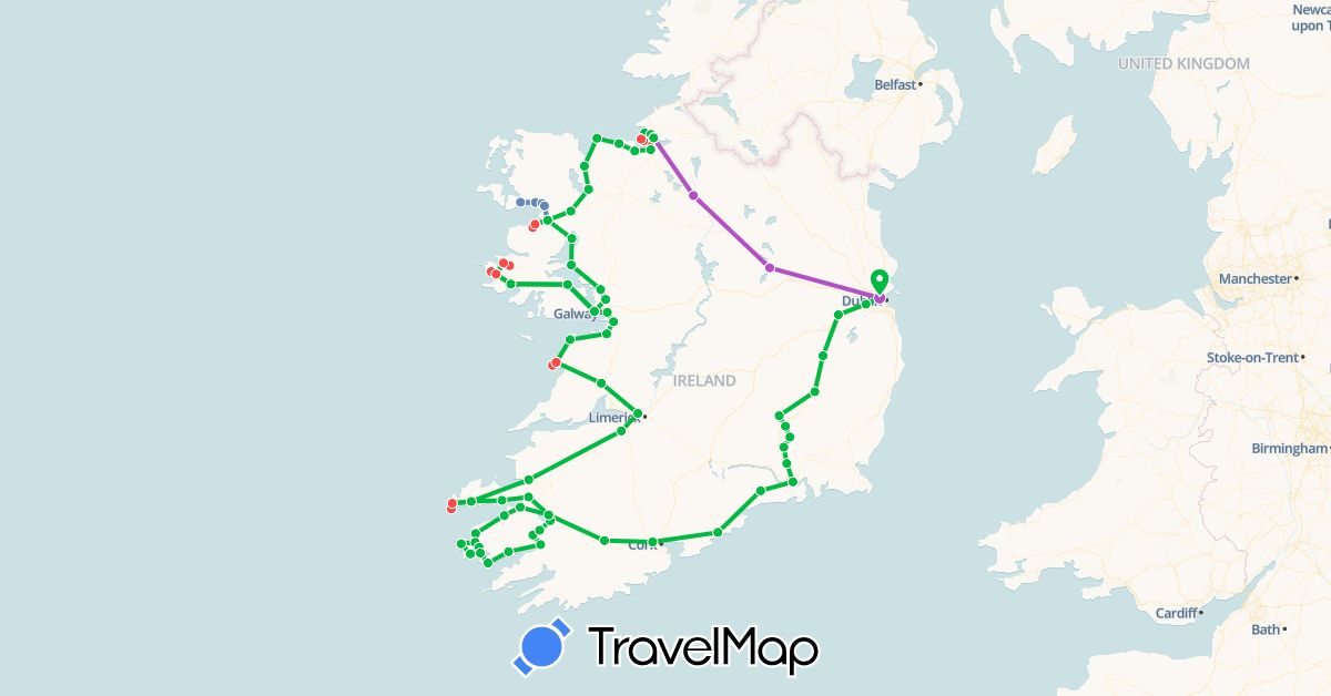 TravelMap itinerary: driving, bus, cycling, train, hiking in Ireland (Europe)