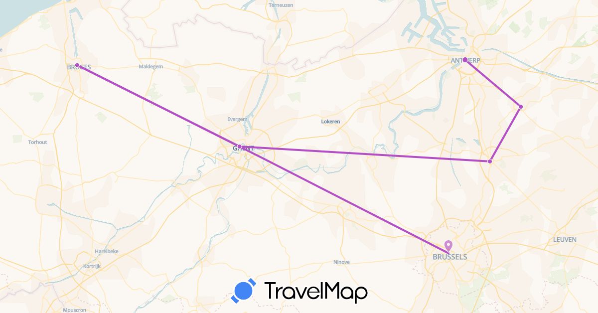 TravelMap itinerary: driving, train in Belgium (Europe)